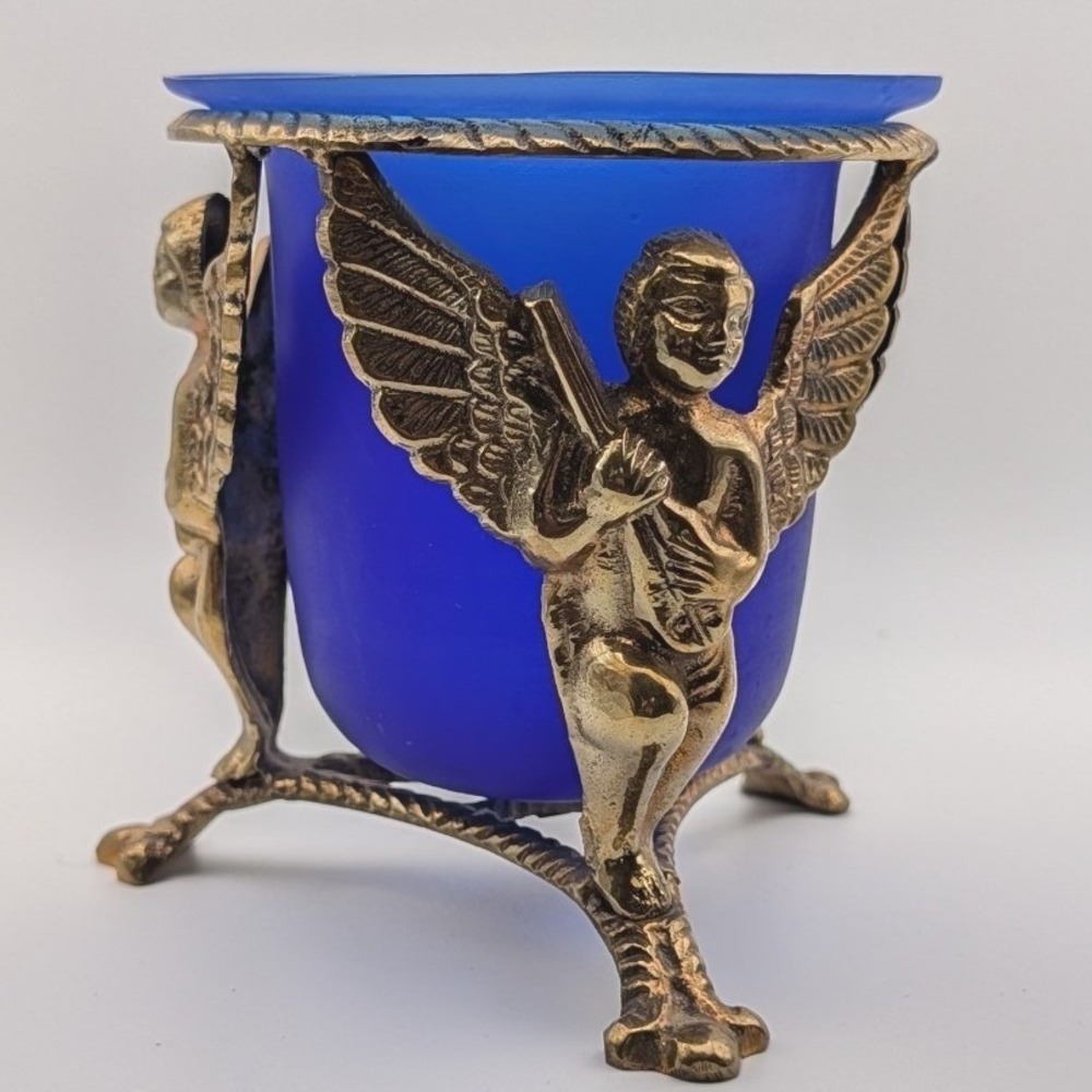 Brass Cherub Angel Candle Holder Blue Frosted Glass Insert Made in India VTG